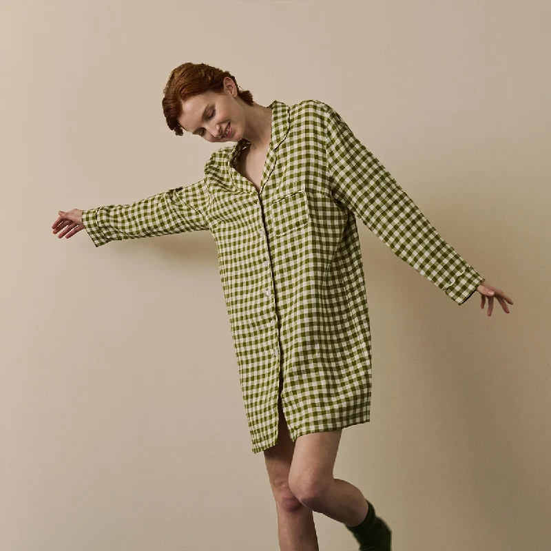 Botanical Green Gingham Linen Night Shirt