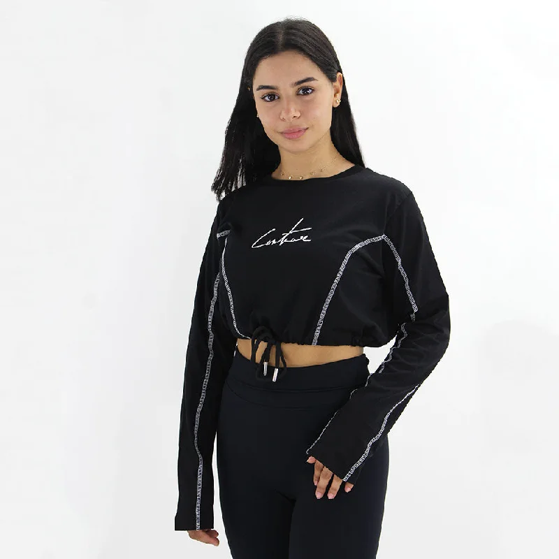 Women's Embroidered Logo Crop Sweaters,Black