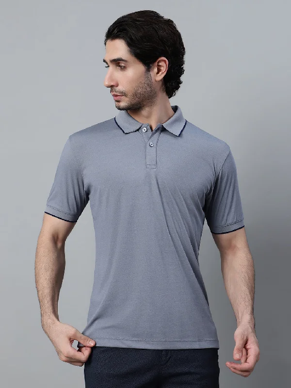 Men's Grey Solid Polo Neck Half Sleeve T-shirt