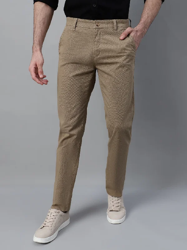 Men's Khaki Self Design Non-Pleated Casual Trouser