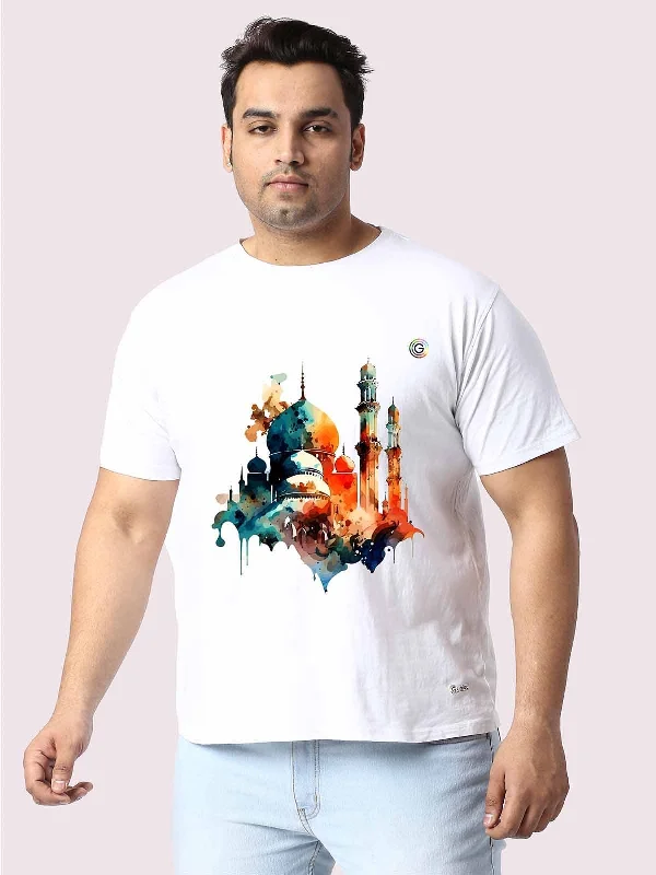 Men Plus Size White Mosque Printed Round Neck T-Shirt