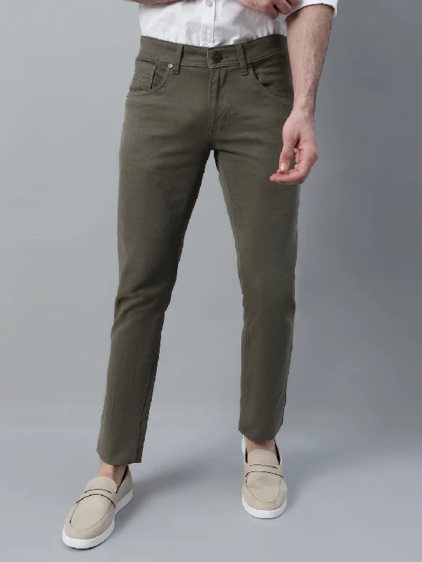 Men's Olive Green Self Design Non-Pleated Casual Trouser