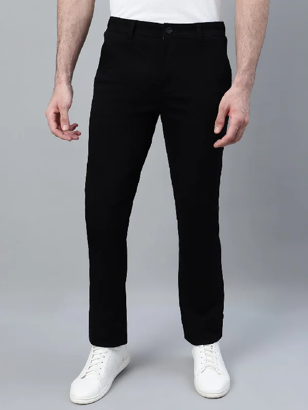 Men's Black Solid Non-Pleated Stretchable Casual Trouser