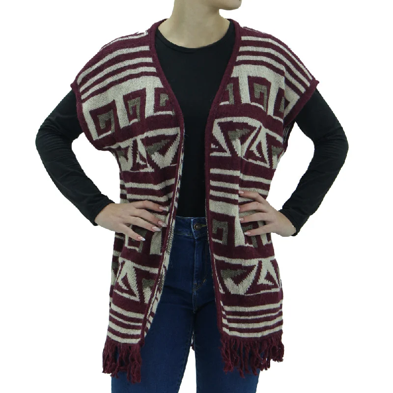 Women's Knitted Fringe Cardigan Sweater,Beige/Burgundy