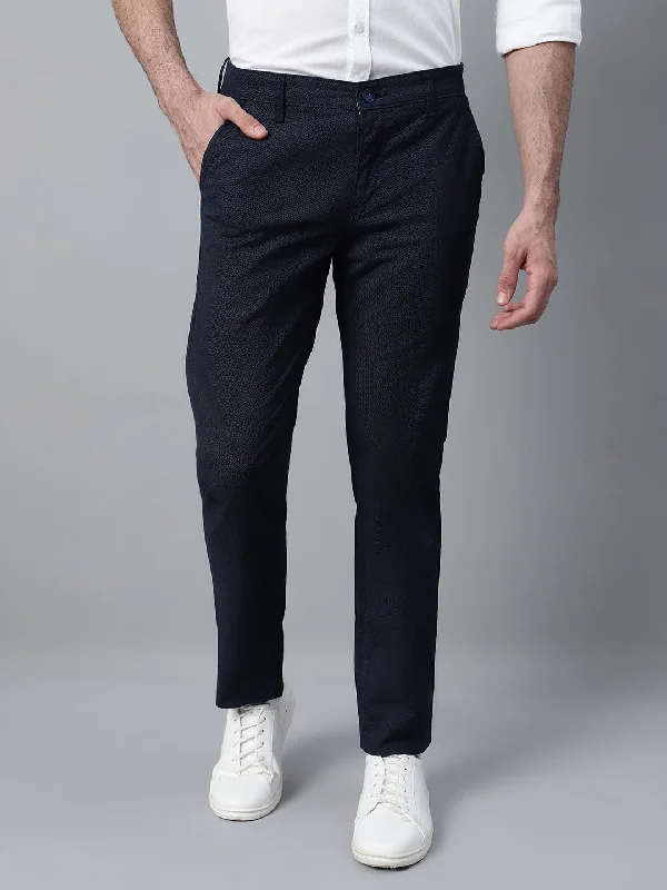 Men's Navy Blue Self Design Non-Pleated Casual Trouser