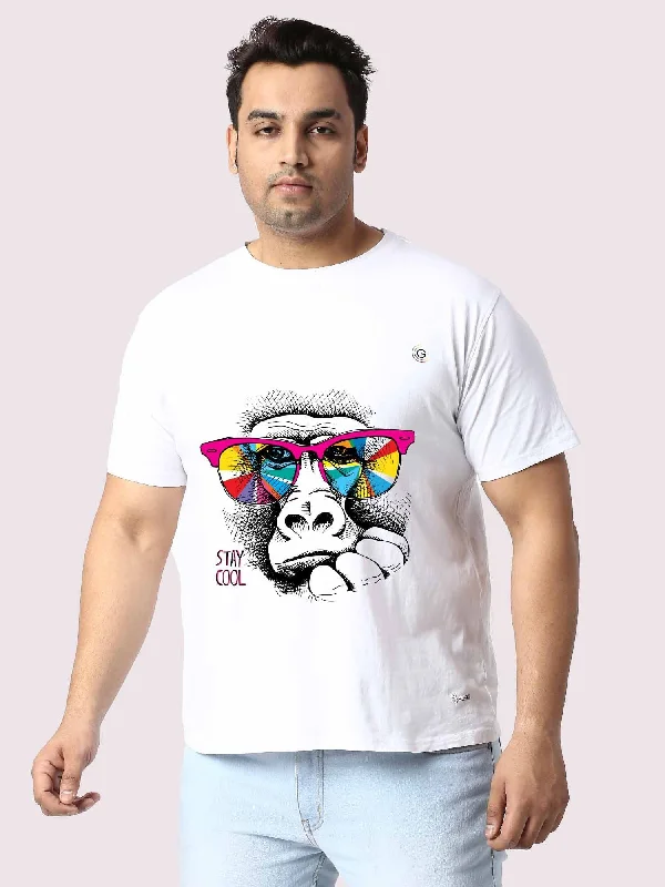 Men Plus Size WhIte Monkey with Goggles Printed Round Neck T-Shirt