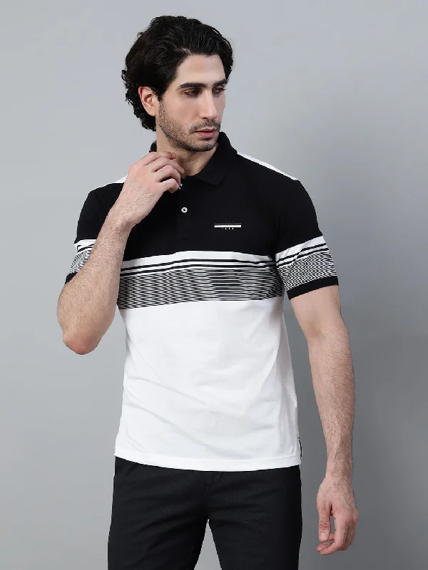 Men's Black Striped Polo Neck Half Sleeve T-shirt