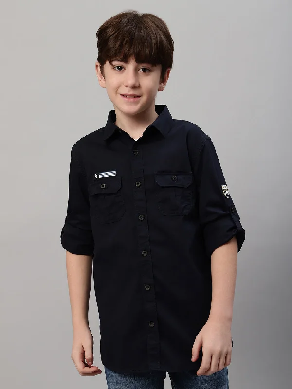 Boy's Navy Blue Solid Full Sleeve Shirt