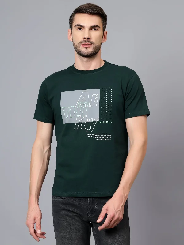 Men's Dark Green Printed Round Neck Half Sleeve T-shirt