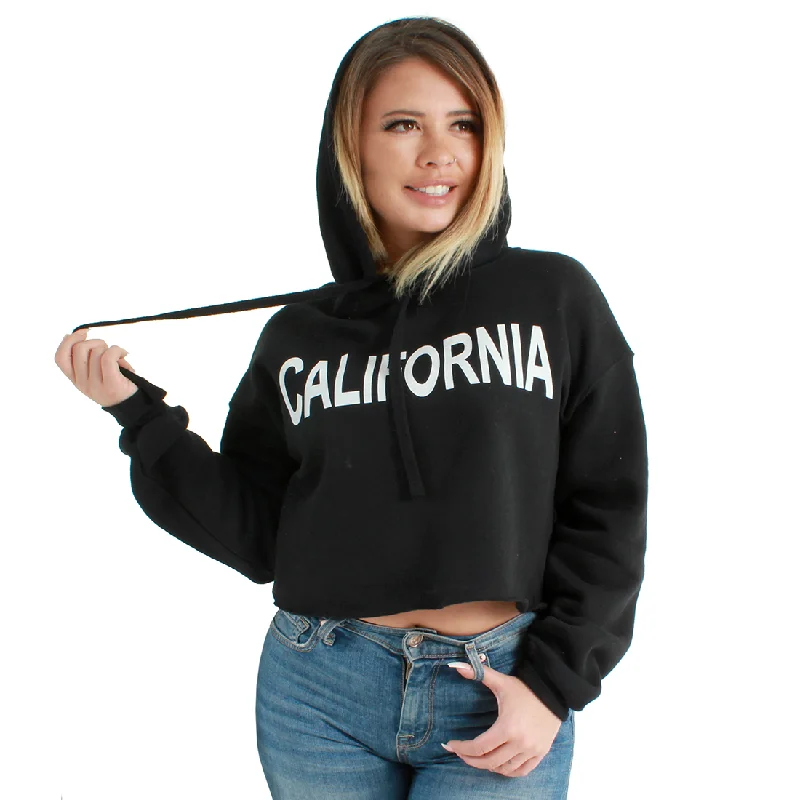 California Bold Text Cropped Hoodie Black