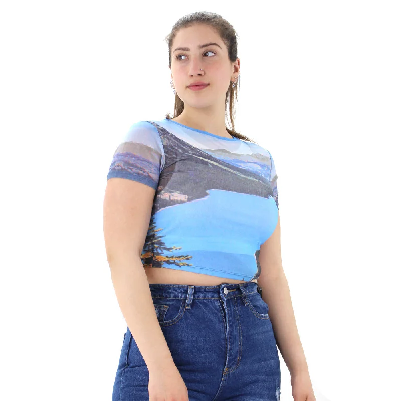 Women's Printed Mesh Crop Top,Blue