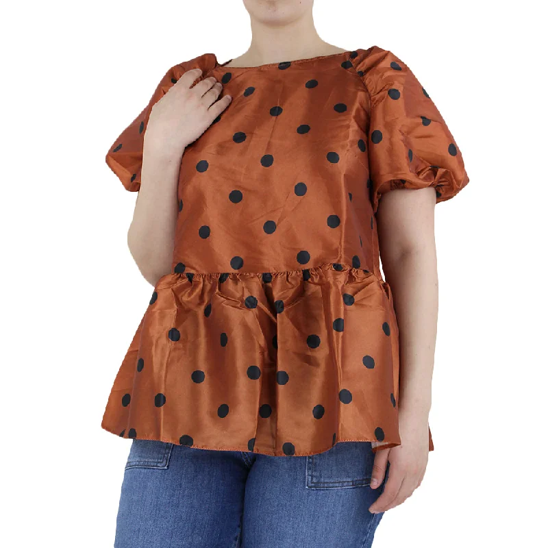 Women's Polka Dots Puff Sleeve Top,Brick