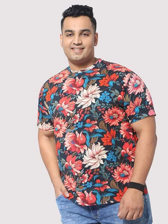 Men Plus Size Red Floral Digital Printed Round Neck T-Shirt