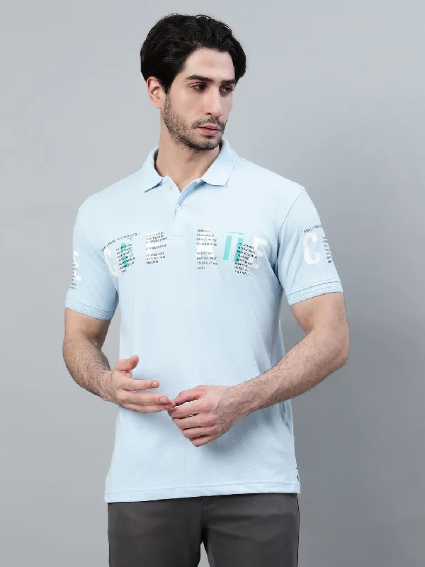 Men's Sky Blue Printed Polo Neck Half Sleeve T-shirt