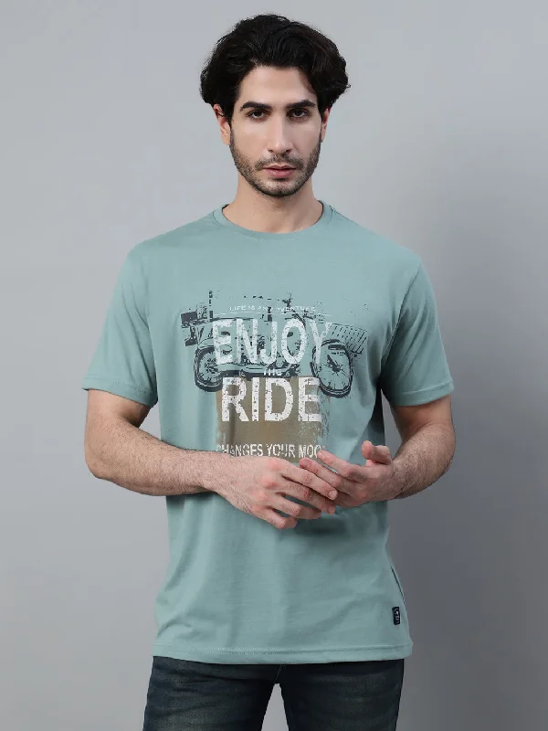 Men's Green Printed Round Neck Half Sleeve T-shirt