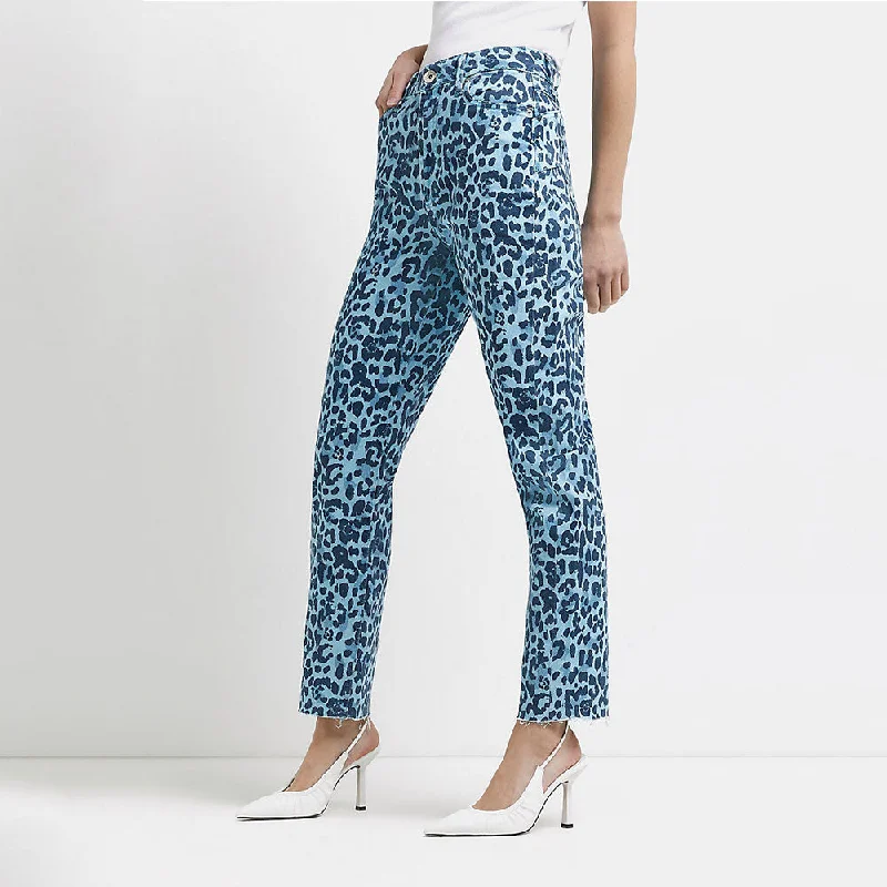 Women's Leopard Straight leg Jeans,Blue