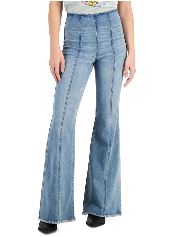 Women's Seamed High Rise Pull on Washed Flare Jeans,Light Blue