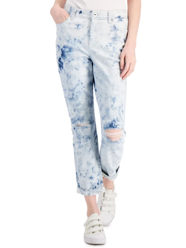 Women's Washed Ripped Boyfriend Jeans ,White/Blue