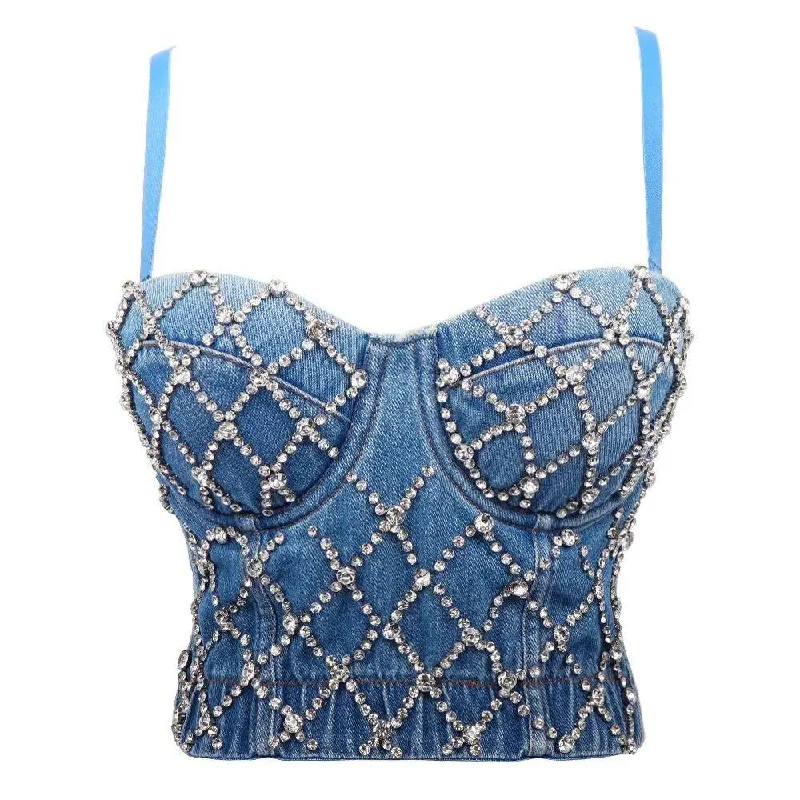 Cassie Embellished denim bustier top in blue