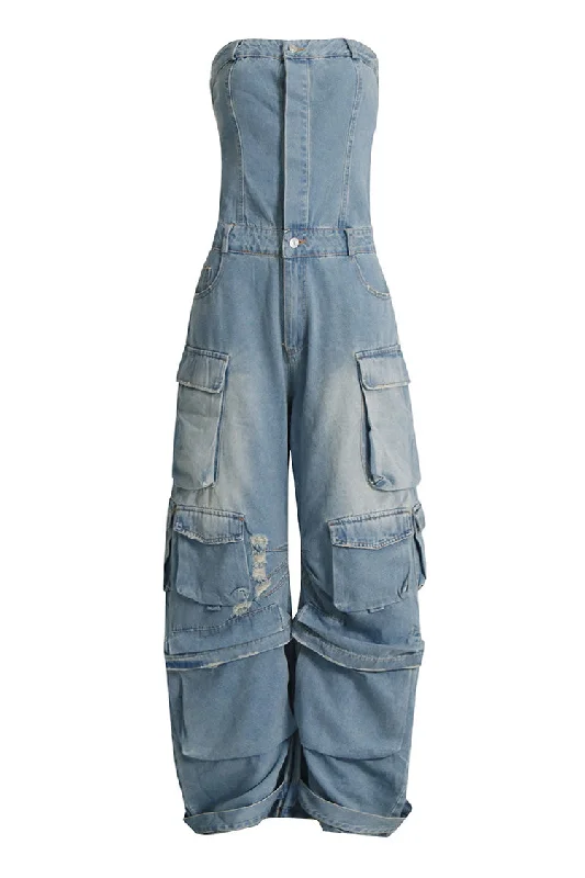 Casual Strapless Button Up High Waist Horseshoe Denim Cargo Jumpsuit