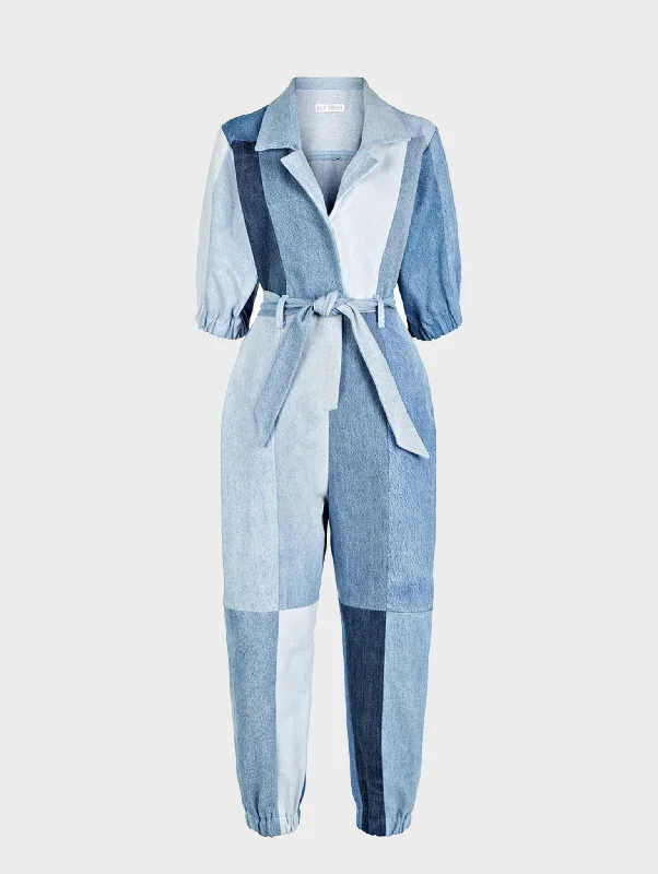 Classic Denim Jumpsuit PatchworkBlue