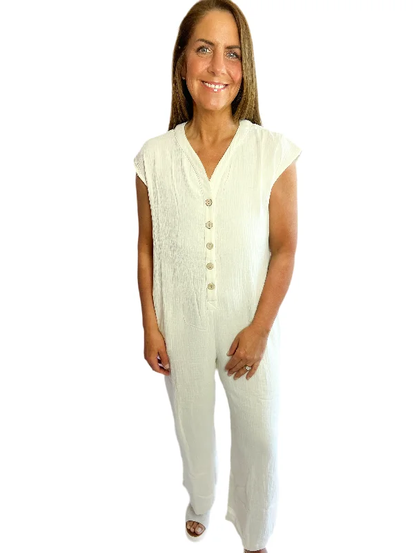 Cream Cotton Gauze Button down Jumpsuit