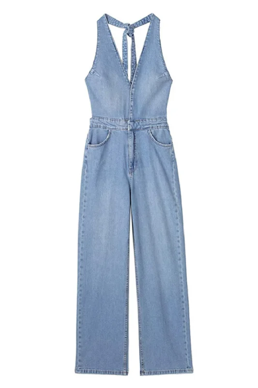 'Erica' Halter Neck Backless Denim Jumpsuit