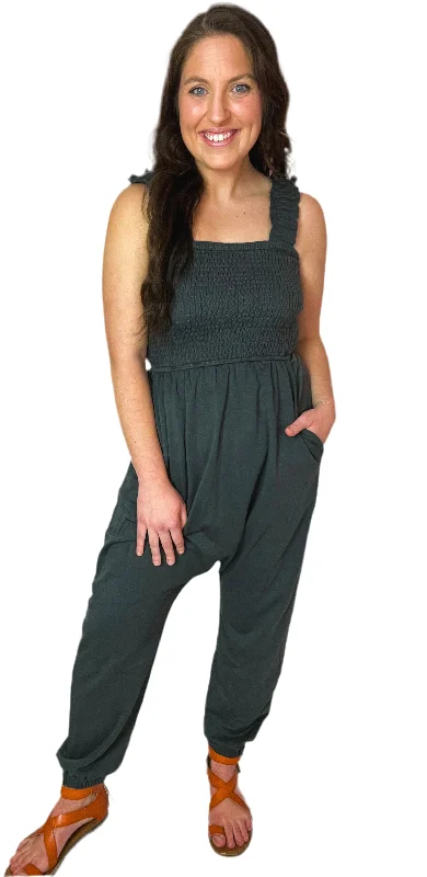 Gray Smocked Ruffled Straps High Waist Sleeveless Jumpsuit