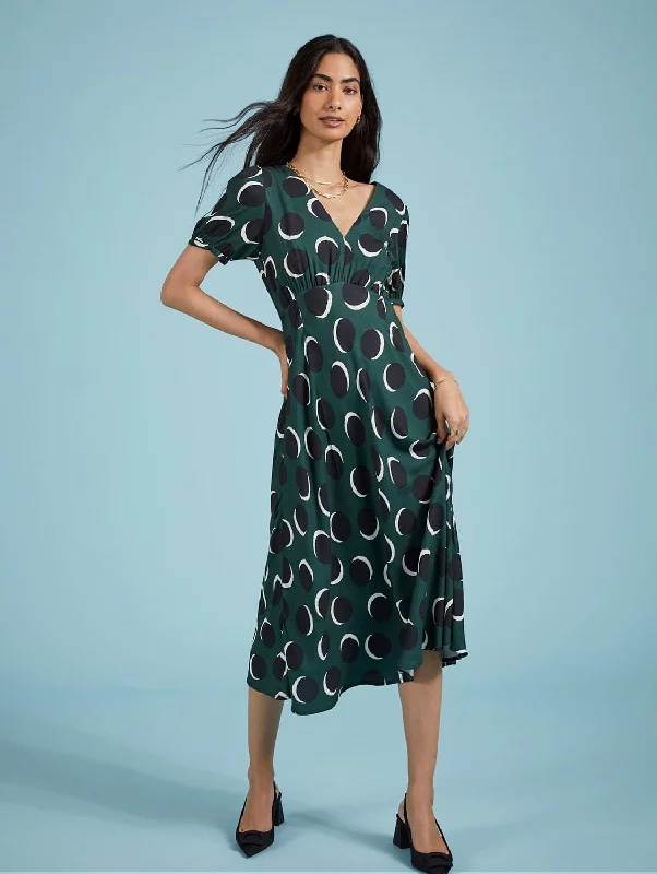 Kaydence Livaeco Printed Midi Tea Dress | Green Shadow Spot