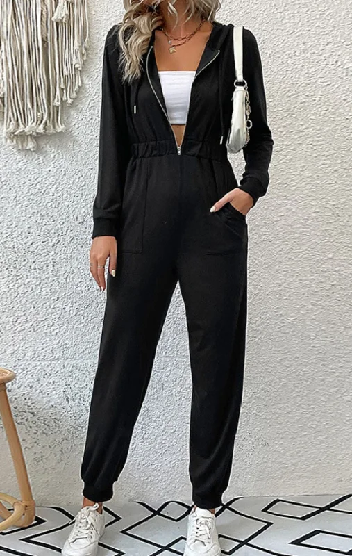 'Kristina' Zip Up Elastic Waist Hooded Jogger Jumpsuit