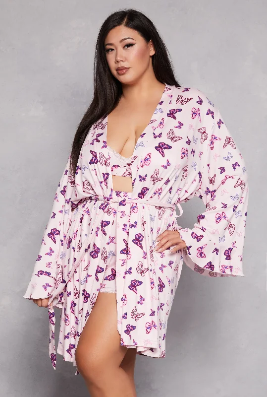 Plus Size Butterfly Print Pajama Bralette and Shorts with Robe