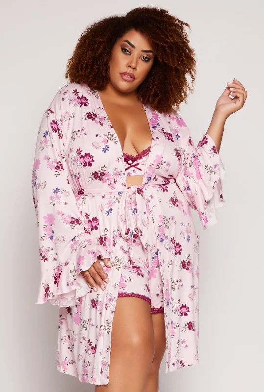 Plus Size Floral Print Pajama Bralette and Shorts with Robe