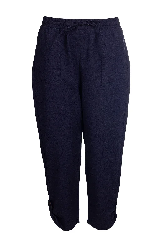 Cotton Linen Blend Mid Calf Pants | NAVY | 6782A1