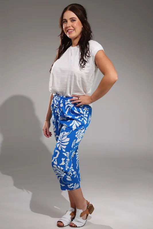 Printed Viscose Mid Calf Pants | Marine White Palm | 3369A1